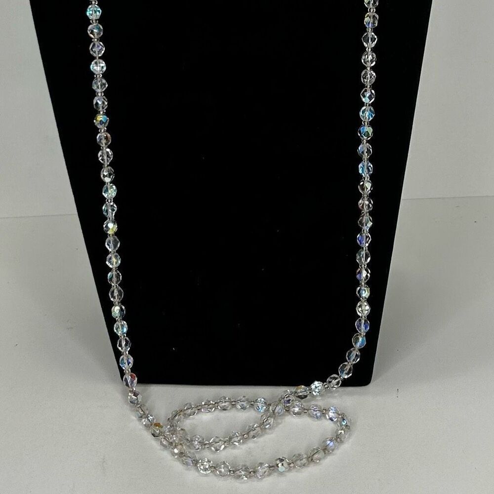 Vtg AB Aurora Borealis Beaded Necklace 48" Clear Single Strand Faceted Beads - Picture 4 of 8